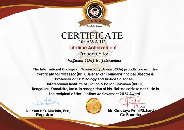 Lifetime Achievement Award, International College of Criminology, Abuja, 2024
